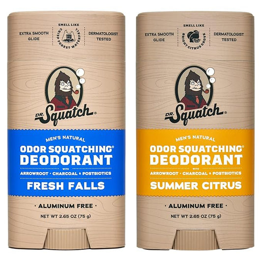 Dr. Squatch Natural Deodorant for Men - Odor-Squatching Aluminum Free - Fresh Falls & Summer Citrus (2.65 oz, 2-Pack)