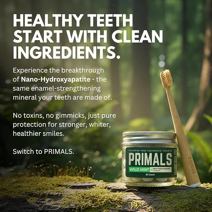 PRIMALS Fluoride-Free Toothpaste Tablets - Nano Hydroxyapatite - Zero Artificial Flavors or Plastic - Remineralizes & Whitens Teeth - 60 Count (1 Month Supply)