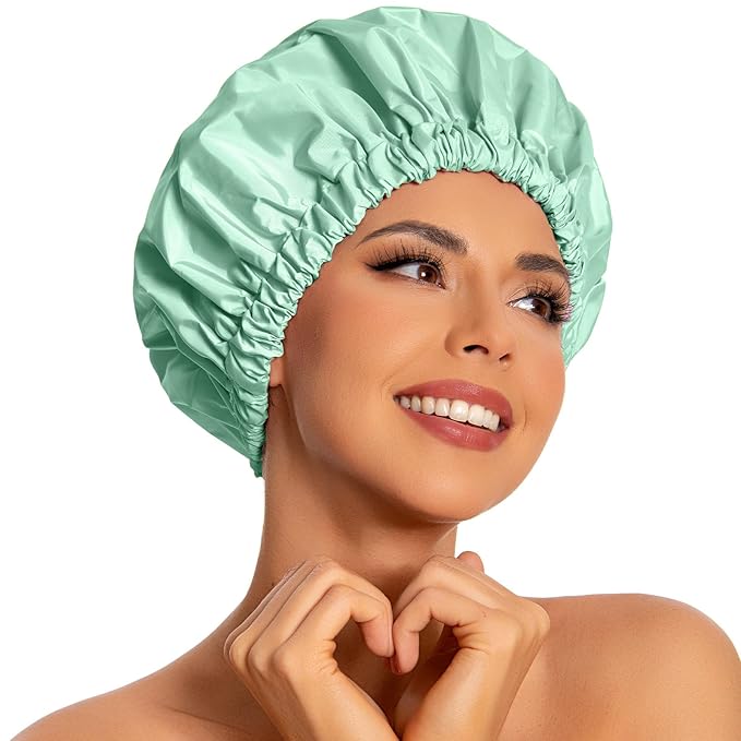 Reusable Shower Cap for Women, Large Waterproof Shower Essentials Bonnet Washable Elastic Band Bath Hair Wrap Hat for Long Hair, Braids(Green Bean)