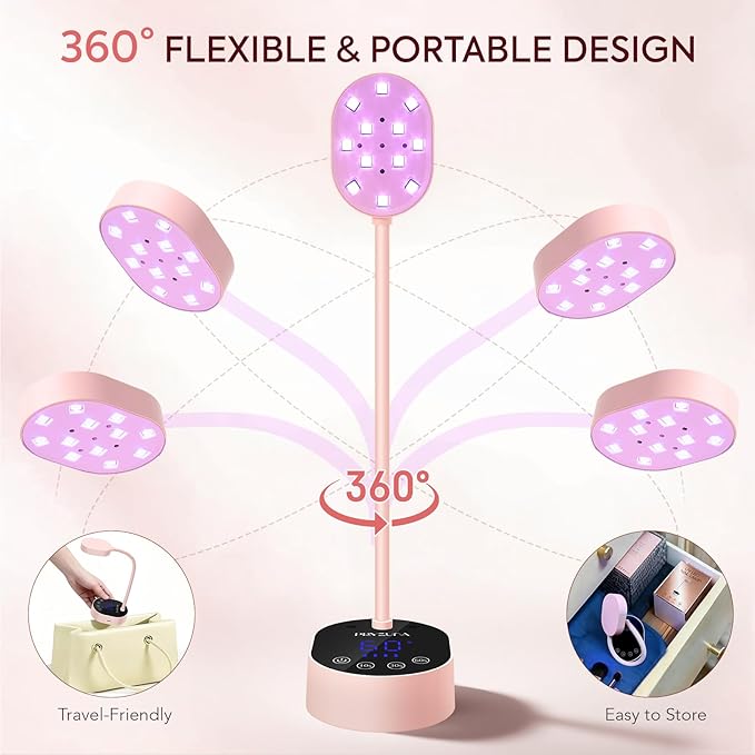 UV LED Nail Lamp, Gooseneck Gel X Mini Flash Cure Lamp, 36W Cordless Portable USB Rechargeable Nail Dryer with Auto Sensor, 4 Timers & LCD Display for DIY Home Manicure (Pink)