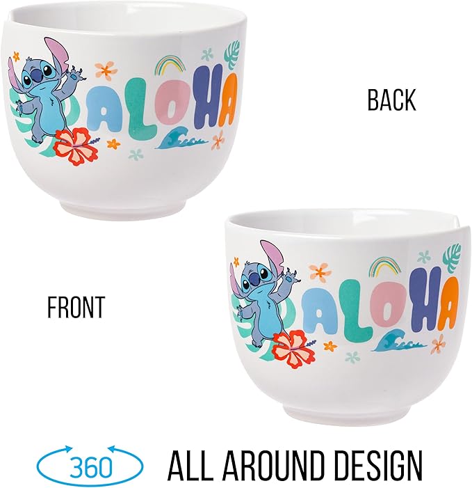 Silver Buffalo Disney Lilo and Stitch Aloha Tropical Ceramic Ramen Noodle Rice Bowl with Chopsticks, Microwave Safe, 20 Ounces