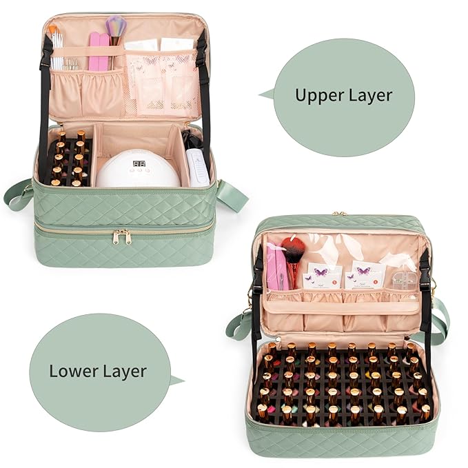 Ethereal Nail Polish Organizer Case Holds 50+ Bottles(15ml/0.5fl.oz) and Nail Lamp, Double Layer Nail Polish Storage Bag for Nail Kit, Manicure Tools, Green