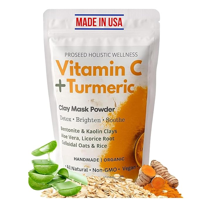 ProSeed Turmeric Vitamin C Clay Mask – Face & Body Powder Mask with Oats, Aloe & Natural Clays for Sensitive Skin, Pores, Blemish Appearance, Even Skin Tone Scarring, Dull Skin, Blackheads