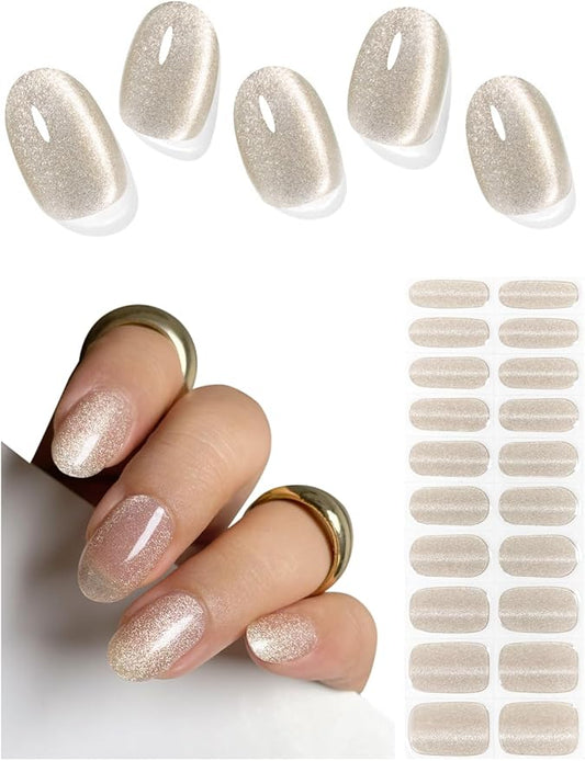 Semi Cured Gel Nail Strips (Cream Cat Eye), Clear, 20 Pcs Gel Nail Wraps, Stickers, Salon Quality, Works With Any UV Lamps
