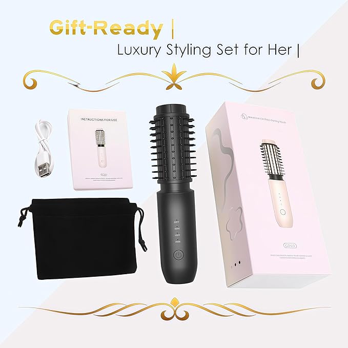 2-in-1 Cordless Curling Iron & Straightener Brush,Heated Hair Styler with Needle Teeth Comb,USB-C Rechargeable,4 Temp,200M Ionic (Black)