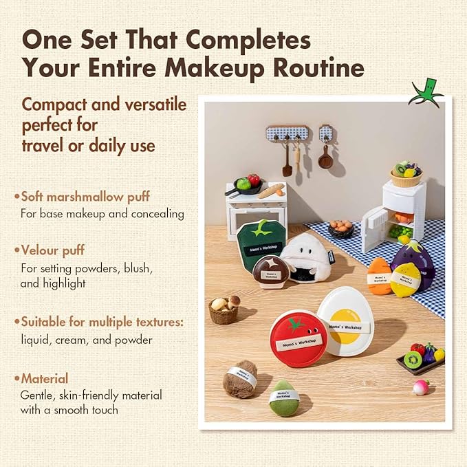 11-Piece Bento Box Makeup Sponge & Puff Set, Food Theme Beauty Foundation Puffs, 5 Types for Foundation, Concealer, Powder, Cream & Liquid Makeup, with Portable Storage Case