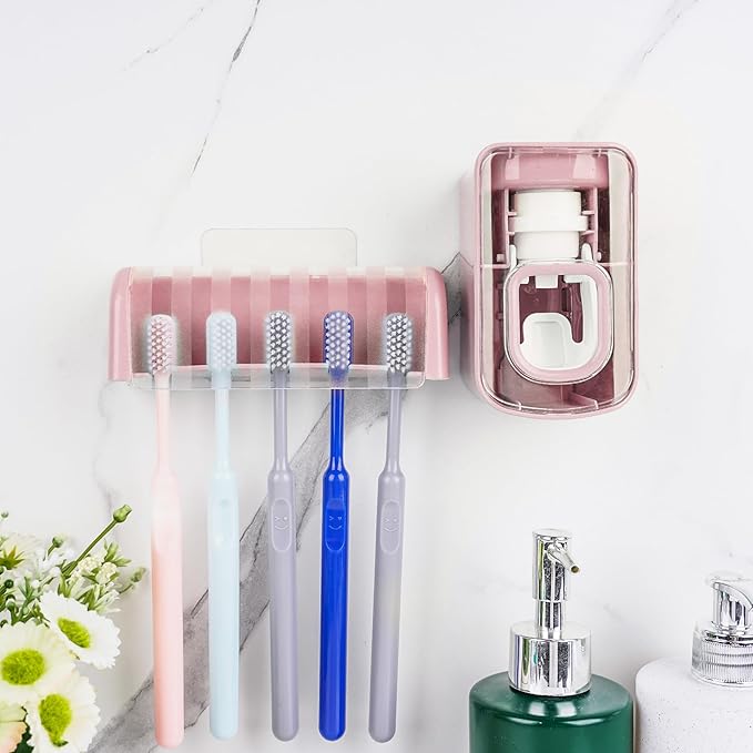 5 Slots Wall Mount Toothbrush Holder with Cover, Self Adhesive Toothbrush Storage Organizer for Shower, Toothbrush Hanger with Automatic Toothpaste Squeezer Dispenser (Pink)