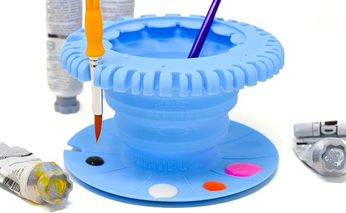 Paint Puck CollapsiBowl Paint Brush Cleaner Rinse Cup (Blue) – Collapsible Paint Water Cup & Brush Cleaner with Brush Holder, Squeegee Lips & Drip Tray for Acrylic, Watercolor & Art Supplies