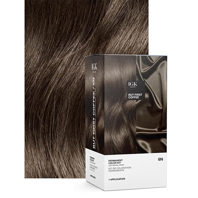 IGK Permanent Hair Color Kit | 6N But First Coffee - Light Natural Brown | 100% Gray Color Coverage + Strengthen + Shine | Ammonia Free