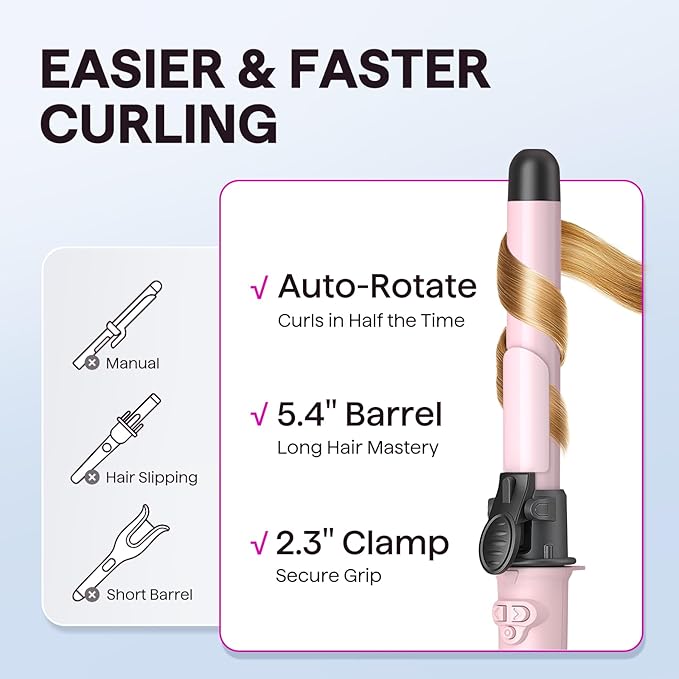 Wavytalk Rotating Curling Iron, 1 Inch Automatic Waver for Effortless Waves up to 430℉ with Home Button, Pale Pink
