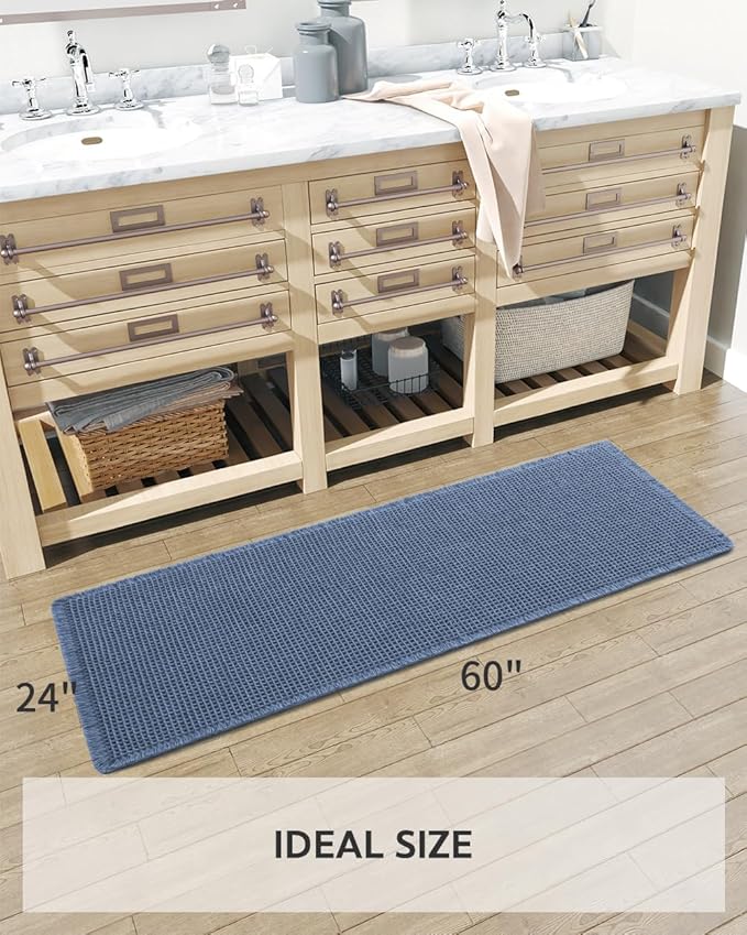 tchdio Waffle Bath Runner Rug, Super Absorbent Non Slip Bath Mats for Bathroom Machine Washable Long Rugs with Tassels, Bath Rugs for Bathroom Floor Beside Tub, 2' x 5'(24" x 60"), Blue