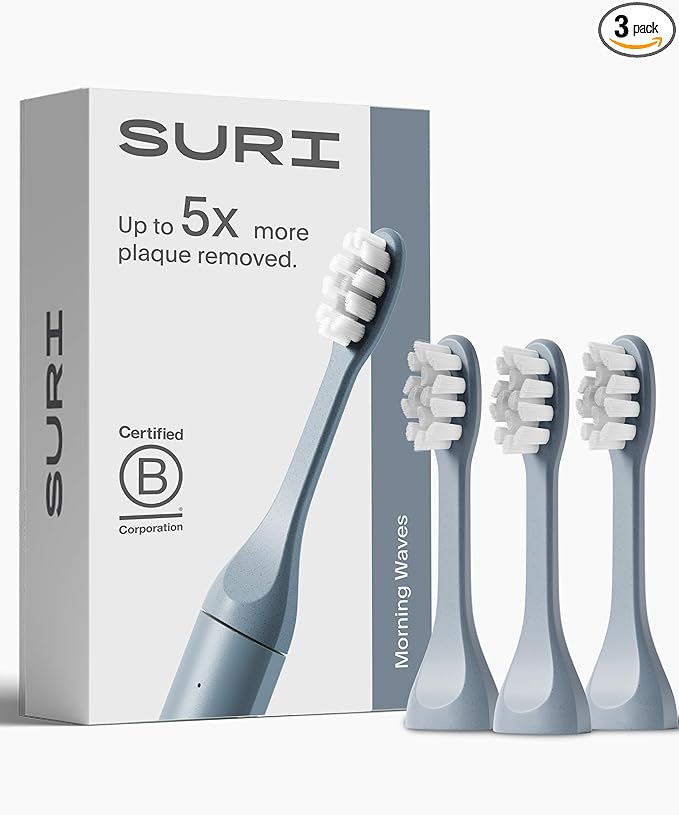 SURI Recyclable Plant-Based, Electric Toothbrush Heads - Built-in Tongue Scraper, Long Lasting Replacement Heads | Compatible Only Sonic Electric Toothbrush - Sea Mist, Pack of 3