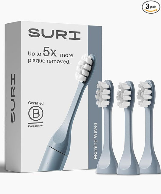 SURI Recyclable Plant-Based, Electric Toothbrush Heads - Built-in Tongue Scraper, Long Lasting Replacement Heads | Compatible Only Sonic Electric Toothbrush - Sea Mist, Pack of 3