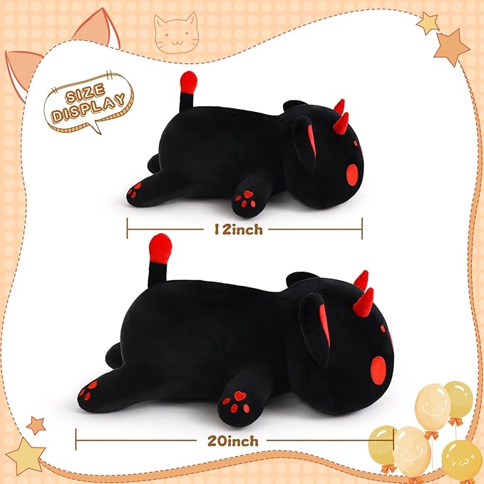 Black Cat Plush Pillow Kawaii Toy Cute Soft Cat Stuffed Animals Kitten Plushie Doll Great Gift for Kids and Adult Birthday Christmas Valentines, 12", Black Red