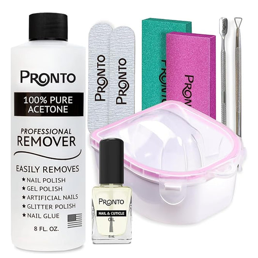Pronto Gel Nail Polish Remover Kit – 8 Oz Pure Acetone 100 Percent, Nail File, Nail Polish Soak Off Bowl, Cuticle Oil for Nail Care + Manicure Set with Nail Buffer Block, Cuticle Pusher & Nail scraper
