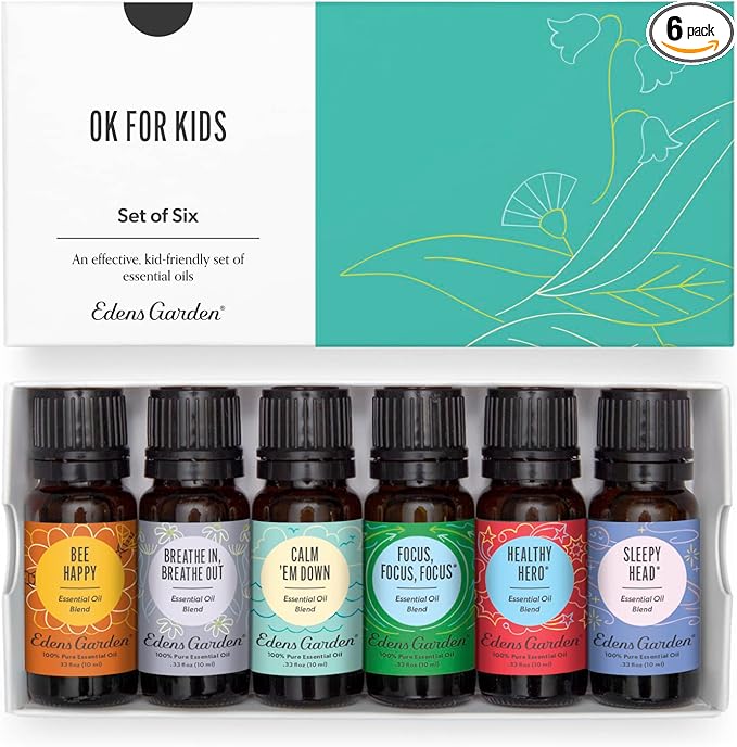 Edens Garden OK for Kids Essential Oils 6 Set - 100% Pure Therapeutic Grade, Natural Aromatherapy Blends for Diffusers, Skin, Sleep & Home - No Fragrance Oil, Undiluted & Gentle, 10 ml/ 6 Pack