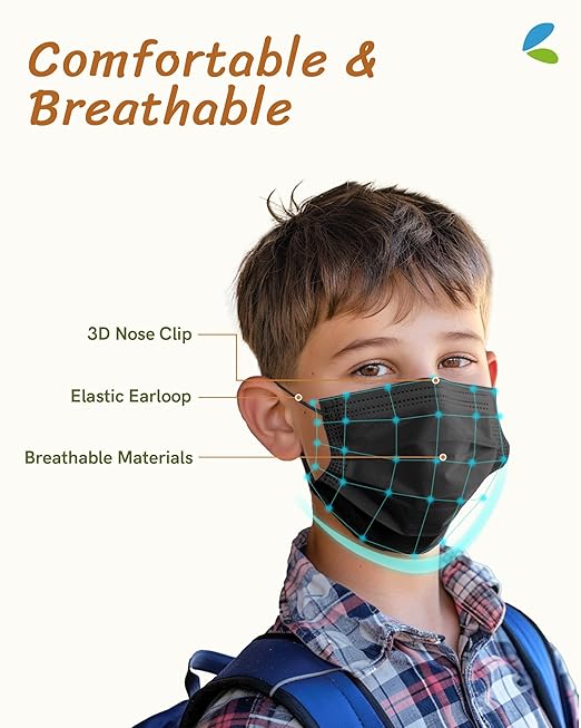 FriCARE Face Masks Disposable for Kids, 4 Ply ASTM Level 3, FSA HSA Eligible, Allergy Protection, Individually Wrapped, 50 Pack, Classic Solid Black