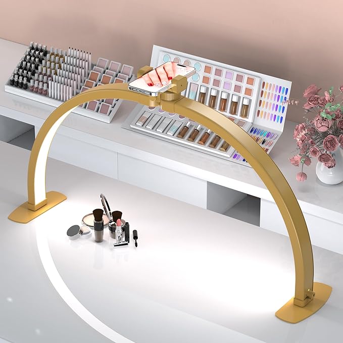 Premium Large Half Moon LED Light for Nail Tech, Foldable Arch Light for Nail Desk Lamp with Phone Stand Perfect for Manicure Handicraft Lighting (Golden, Large)