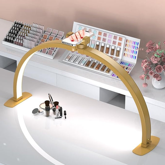 Premium Large Half Moon LED Light for Nail Tech, Foldable Arch Light for Nail Desk Lamp with Phone Stand Perfect for Manicure Handicraft Lighting (Golden, Large)