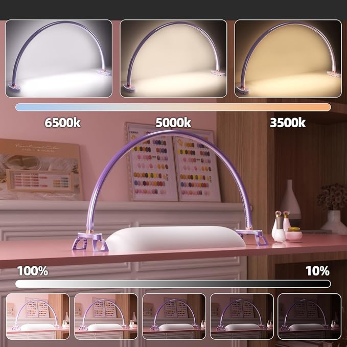 Large Half Moon Light for Nail Desk, Stepless Dimmable Lamp for Nails Table, 3 Color Temperature 24 inch Purple Led Nail tech Desk lamp for Manicure Sculpture Handi Crafts Lighting