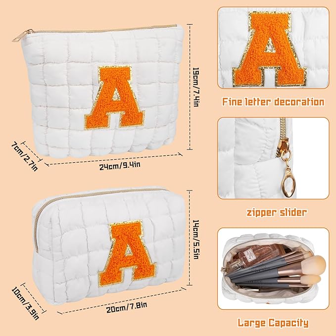 2PCS Initial Checkered Makeup Bag, Large Quilted Cosmetic Bag, Cute Make up Pouch for Purse, Travel Toiletry Storage Bag for Women Preppy Teen Girls Gift Trendy Stuff Gift (White A)