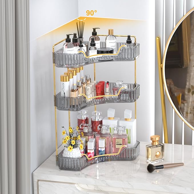 GTI 3-Tier Corner Bathroom Counter Organizer, Large Capacity Makeup Organizer Countertop, Perfume Cosmetics Skincare Vanity Organizers, Exquisite Countertop Storage for Women (Gray)