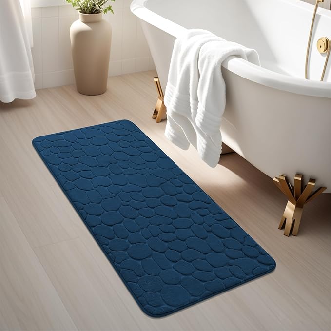 YIHOUSE Memory Foam Runner Rug, Cobblestone Bathroom Runner Rugs Super Water Absorbent Bath Mats for Bathroom Machine Washable Bath Rugs for Hallway Bedroom Laundry Room(20 x 47,Dark Blue)