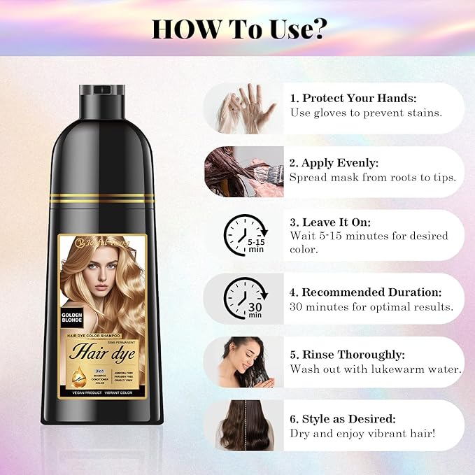 Natural Hair Dye Shampoo 3 IN 1, Hair Color for Gray Hair Coverage, Hair Coloring Shampoo for Women, Color Shampoo Beard Dye for Men, Vegan Ammonia Free Hair Shampoo (GOLDEN BLONDE)