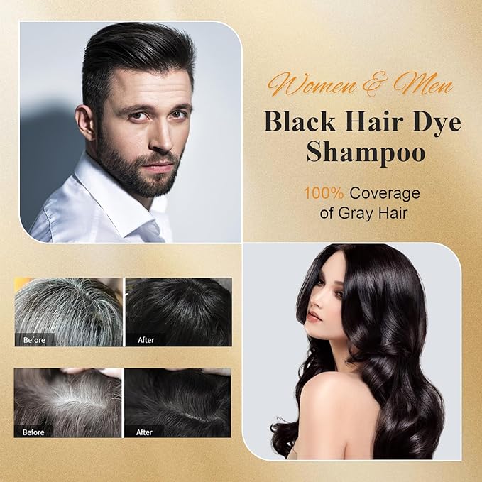 Black Hair Dye Shampoo for 100% Gray Coverage - 3-in-1 Root to Tip Coloring & Care, Instant Color Shampoo Hair Dye for Gray Hair for Women & Men, Color Treated Hair, Shampoo Para Pintar El Cabello