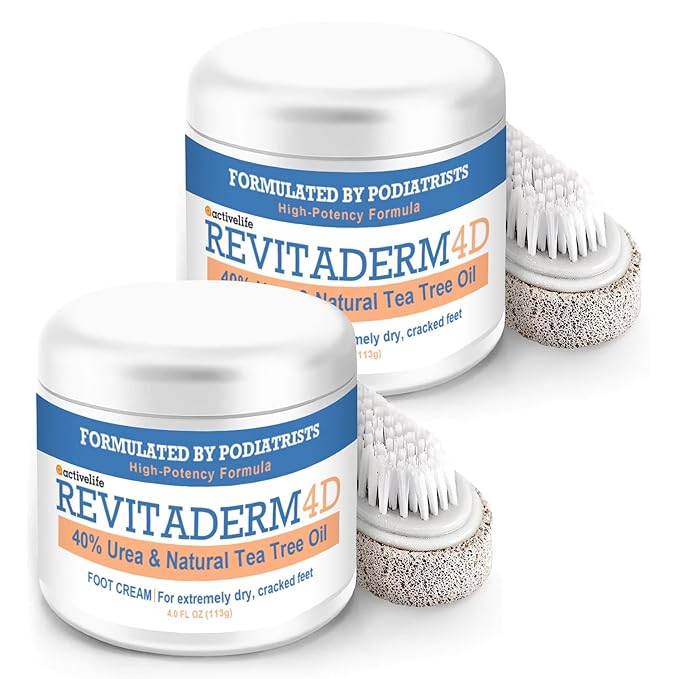 Revitaderm 4D Urea Cream 40% for Feet, Intensive Moisturizing Foot Cream for Dry, Rough, Callused Skin, Includes Free Pumice Stone and Exfoliating Brush, Fast-Absorbing, Fragrance-Free, 4oz, 2 Pack
