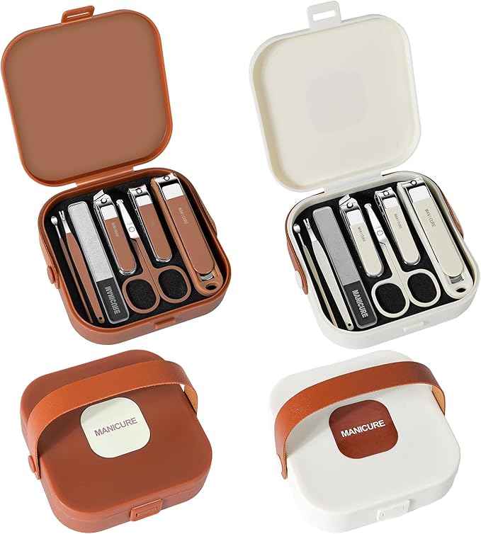 Nail Clippers and Beauty Tool Portable Set, Cuticle Nail Care Tools, 7pcs Stainless Steel Grooming Kit, Suitable for Home, Workplace, Outdoor Travel, Gift Giving, Salon., Beige+Brown