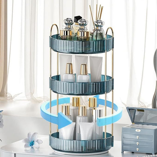 360° Rotating Makeup Organizer, Bathroom Organizers and Storage Holder Rack, Large Capacity Vanity Shelf Countertop, Fits Cosmetics, Perfume, Skin Care(Blue, 3 Tiers)