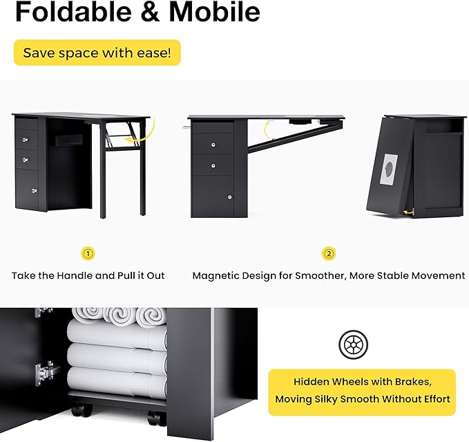 Foldable Nail Table with Dust Collector, Manicure Desk for Nail Tech,with LED Lamp, Wrist Rest, Rolling Nail Table for Salon, Home Beauty Workstation, Compact Nail Station with Storage (Black)