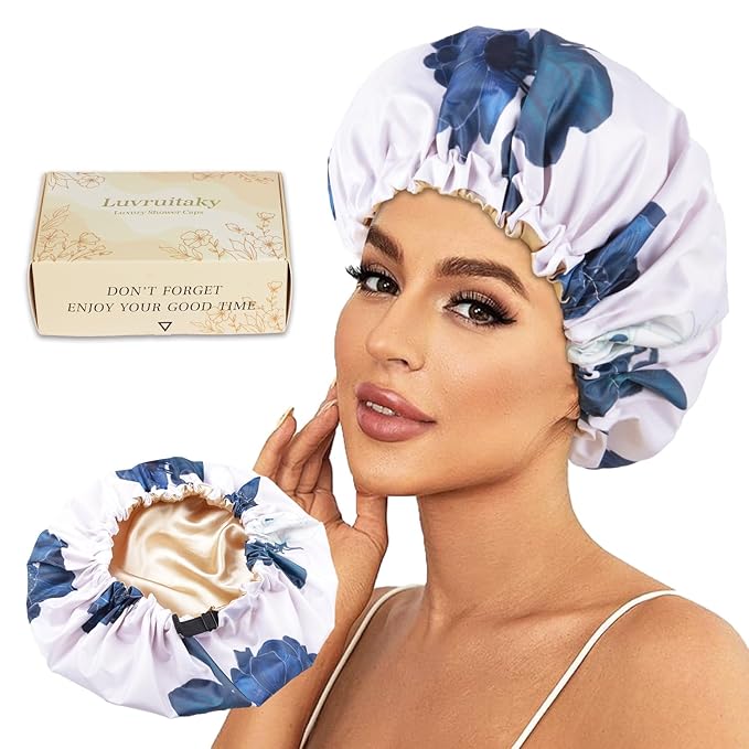 Shower Caps for Women Waterproof Reusable… (Blue Flower)