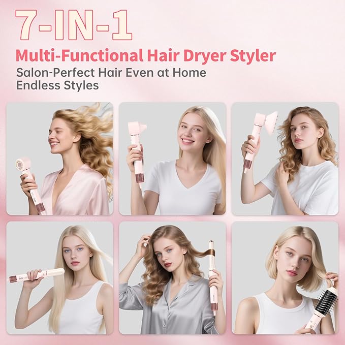 7 in 1 Hot Air Styler Hair Dryer Brush, 110,000 RPM High-Speed Frizz-Free Blow Dryer for Fast Drying, Curling Volumizing Smoothing & Styling, Hair Styler, Straightening Curler