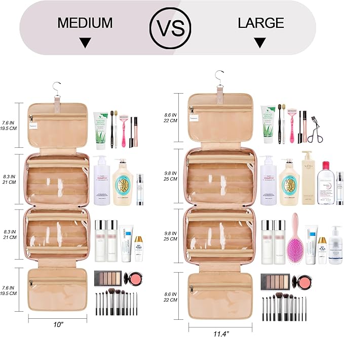 Travel Hanging Toiletry Bag for Women and Men, with 8 Leak Proofing Silicone Bottle Covers, Waterproof Makeup Accessories, Cosmetic Essentials, Cruise Ship Toiletries Bag with Jewelry Organizer, Pink