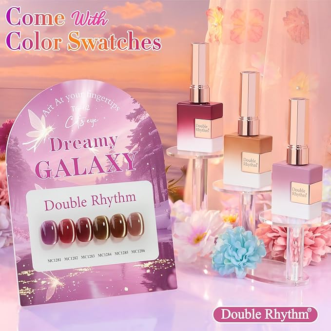 Double Rhythm Cat Eye Gel Nail Polish Set of 6 Same Color Same Bottle 0.5 Oz Shimmer Glitter with Magnet Holographic Reflective Magnetic UV Nail Polish Kit at Home (Rose Coffee Brown Red-T6-62)