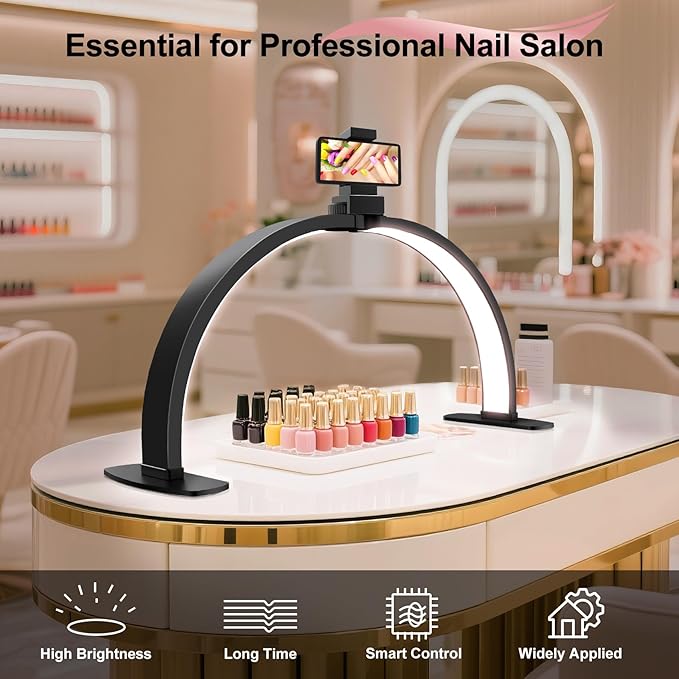 Nail Half Moon Light: Big LED Arch Nail Tech Table Lamp with Phone Holder - Salon Professional Desk Light 3 Mode Lighting Manicure Technician Use