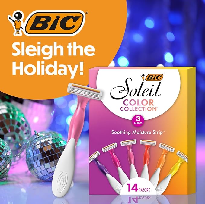 BIC Soleil 3 Colors Women's Disposable with 3 Blade Razors, Aloe Vera and Vitamin E Lubricating Strip for Enhanced Glide, 14-Pack, Stocking Stuffers for Women