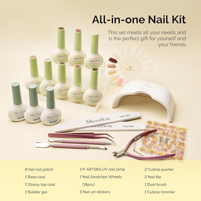 MelodySusie Gel Nail Kit with P-ART06G Cordless UV Lamp Christmas Gift for Women Plant Based HEMA Free Fall Nails Polish with No Wipe Top Coat, Base & Builder Gel
