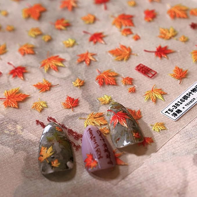 Fall Nail Art Stickers 5D Embossed Maple Leaf Nail Decals Autumn Leaves Nails Design Self-Adhesive Nail Art Supplies Fall Maple Leaf Manicure Sliders for Women Thanksgiving DIY Nail Decorations