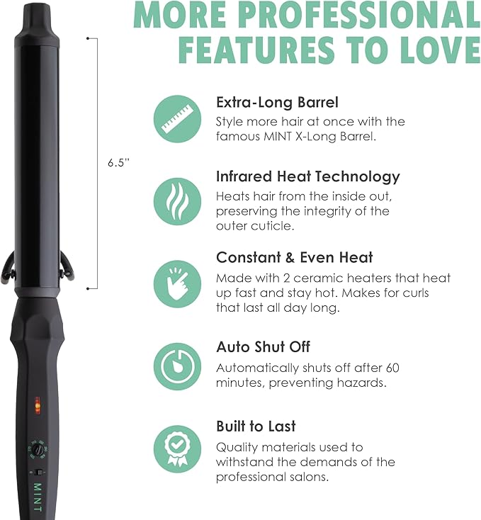 MINT Professional Clamp-Free Curling Wand 1 1/4 Inch for Long Hair | Extra Long Curl Wand with 4-Heater Ionic Ceramic Barrel | Best Curling Wands | Adjustable 230-430°F | Worldwide Dual Voltage