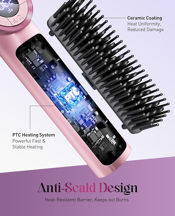 Hair Straightener Brush: 3-in-1 Curling & Straightening Comb with Dual Voltage, Hot Comb with Ionic Coating, Pink