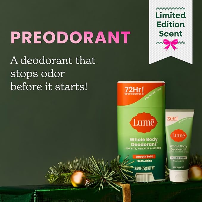 Lume Whole Body Deodorant - Invisible Cream Tube Mini and Solid Stick - 72 Hour Odor Control - Aluminum Free, Baking Soda Free, Skin Safe - 0.5 Oz Mini Tube + 2.6 Oz Solid Stick (Fresh Alpine)