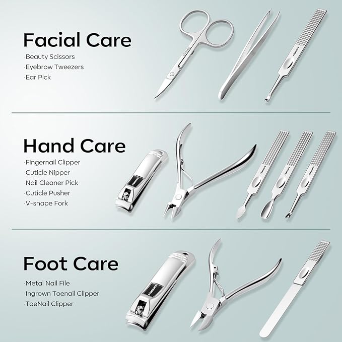 FAMILIFE Nail Kit, Professional Manicure Set Manicure Kit, 11 in 1 Stainless Steel Nail Clippers Set Pedicure Tools, Men Grooming Tool with Portable Blue Leather Travel Case Luxury Gifts for Him