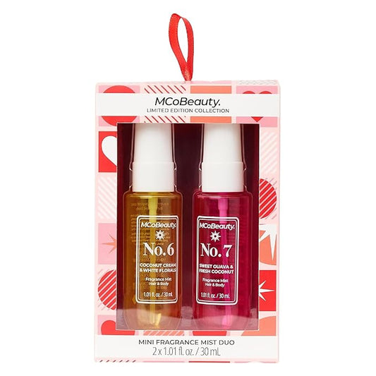 MCoBeauty - Mini Fragrance Mist Duo, No. 6 & No. 7, Limited Edition Travel-Size Body & Hair Perfume Sprays with Tropical Coconut & Guava Scents - Holiday Collection, Cruelty Free Fragrance Gift Set