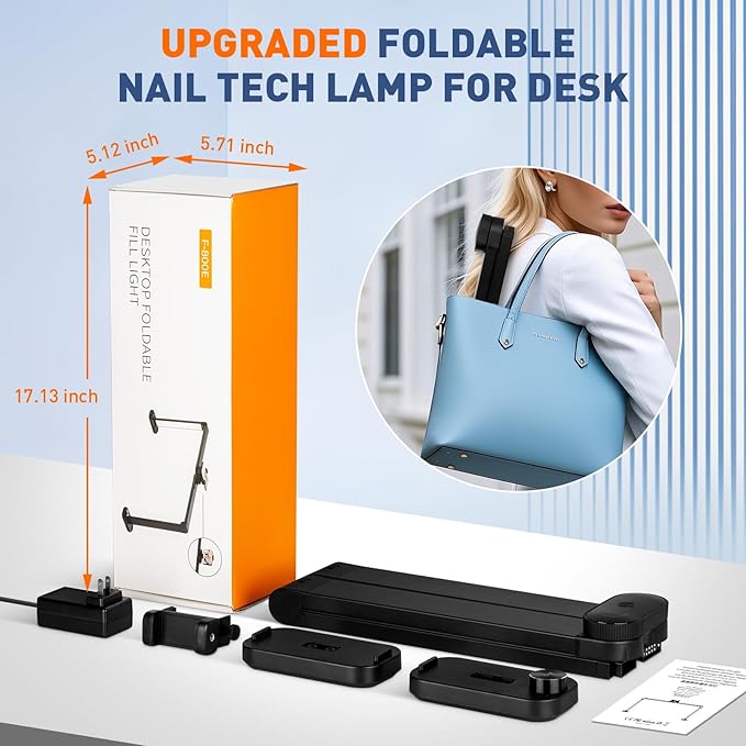 KIRKAS 34inch Large Half Moon Light for Nail Tech, 456 LEDs 3 Color Modes Infinitely Knob Arch Nail Light with Phone Holder Charging Function, Foldable Lighted Desk Lamp for Manicure, Handicraft-Black