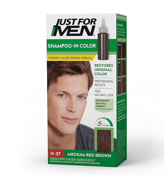 Just For Men Shampoo-In Color (Formerly Original Formula), Mens Hair Color with Keratin and Vitamin E for Stronger Hair - Medium Red Brown, H-37, Pack of 1