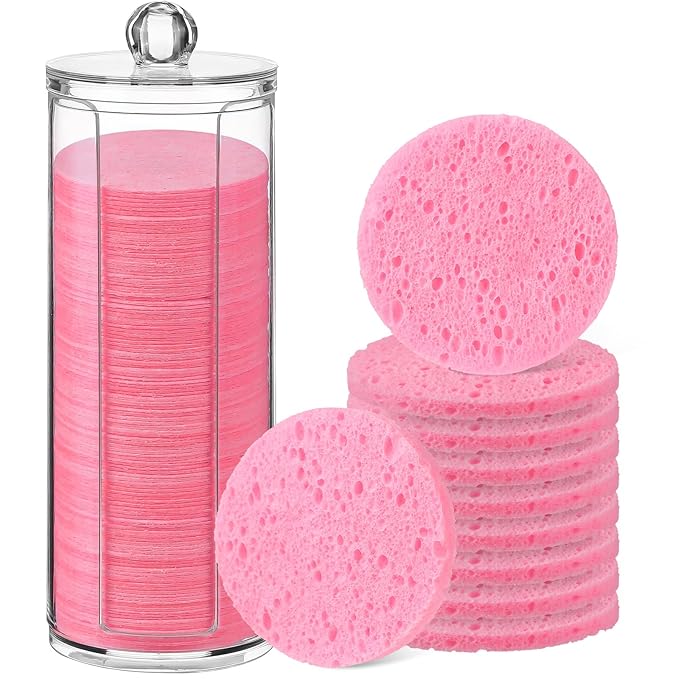Sieral 120pcs Compressed Facial Sponges Disposable Natural Face Sponges Round Soft Pads with Container for Washing Face Cleansing Exfoliating Esthetician Makeup Removal Travel(Pink)