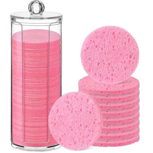 Sieral 120pcs Compressed Facial Sponges Disposable Natural Face Sponges Round Soft Pads with Container for Washing Face Cleansing Exfoliating Esthetician Makeup Removal Travel(Pink)